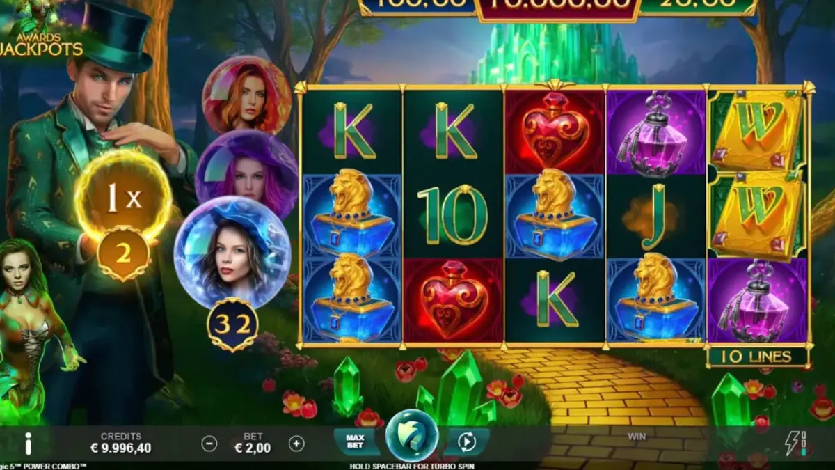 Interface do jogo Book of Oz Magic 5 Power Combo com elementos mágicos e a estrada de tijolos amarelos.