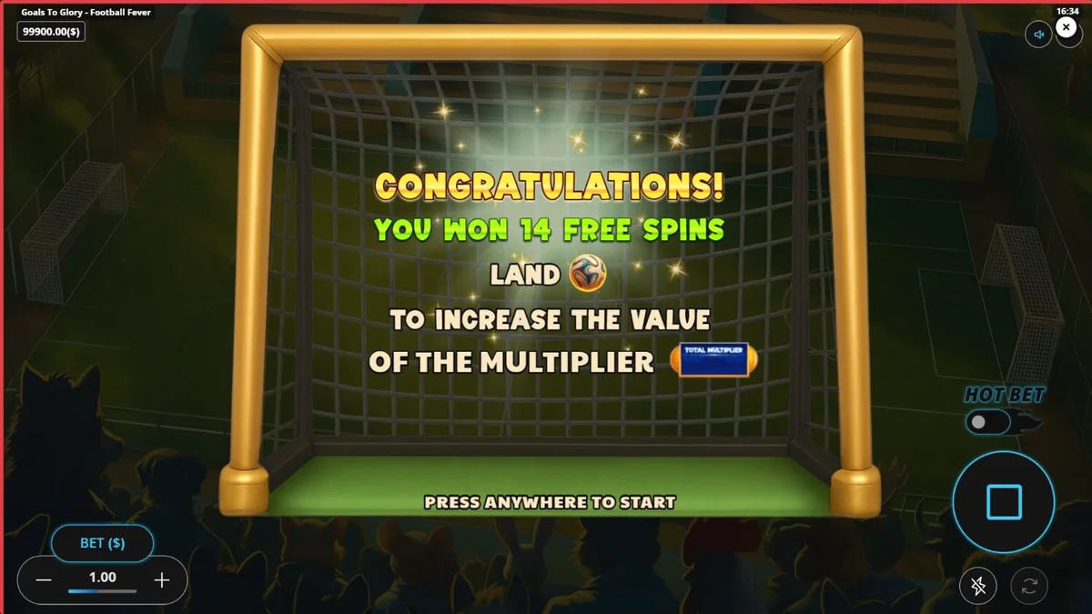 Personagens animais jogando futebol em um estádio vibrante no slot Goals to Glory