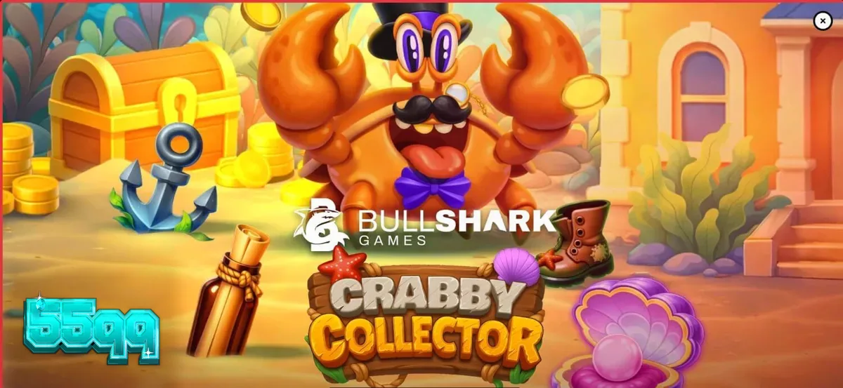 O caranguejo elegante com monóculo em frente a uma grade de jogo subaquática vibrante em Crabby Collector.